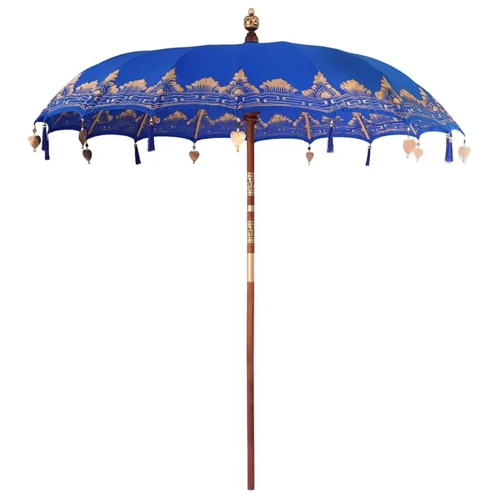 Balinese Patio Umbrella – Blue Cotton and Wood | 220cm Canopy – Handmade Boho Design VIDAXL