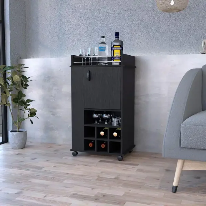 Bar Cart with Casters Reese, Six Wine Cubbies, Black Wengue Finish