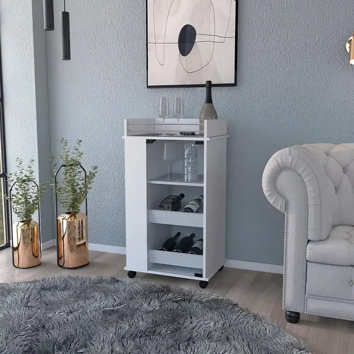 Bar Cart with Two-Side Shelves Beaver, White Finish