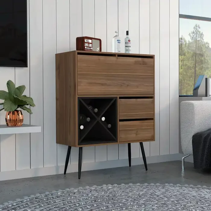 Bar Octupos, One Cabinet, Two Drawers, Mahogany / Black Wengue Finish