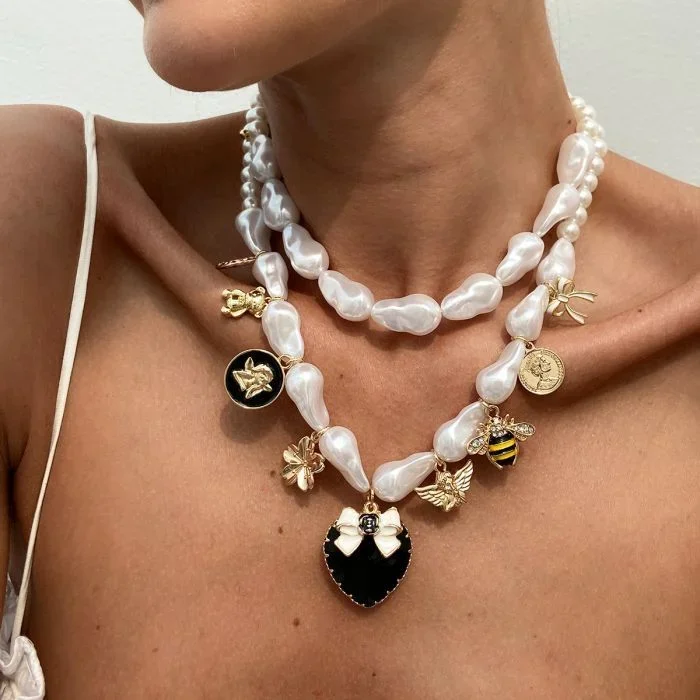 Baroque Pearlies Necklace with Assorted Charms in Ivory