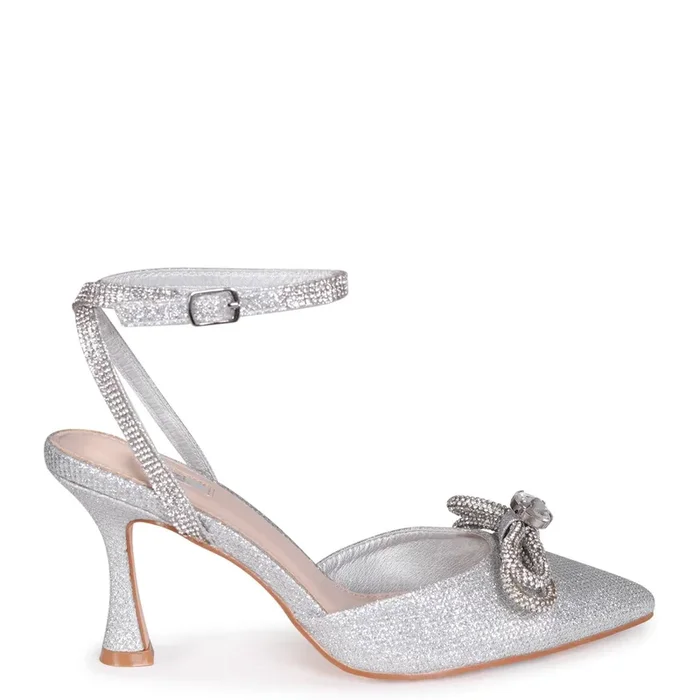 Beatrice Silver Glitter Double Bow Embellished Mid Height Court Heel