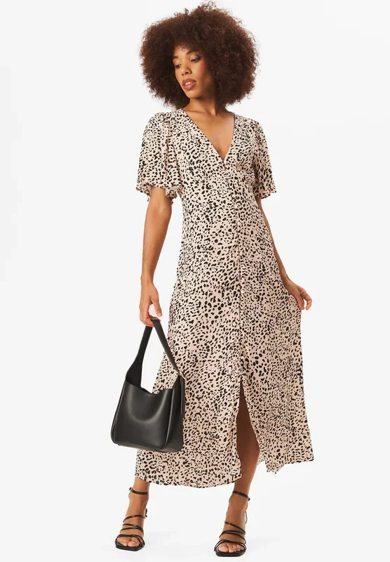 Beige Animal Print Button Down Midi Dress