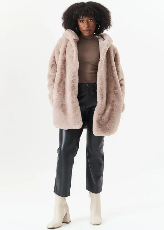 Beige Hooded Long Sleeve Faux Fur Jacket