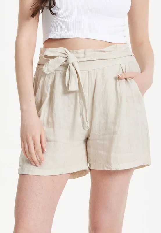 Beige Linen Tie Waist Shorts