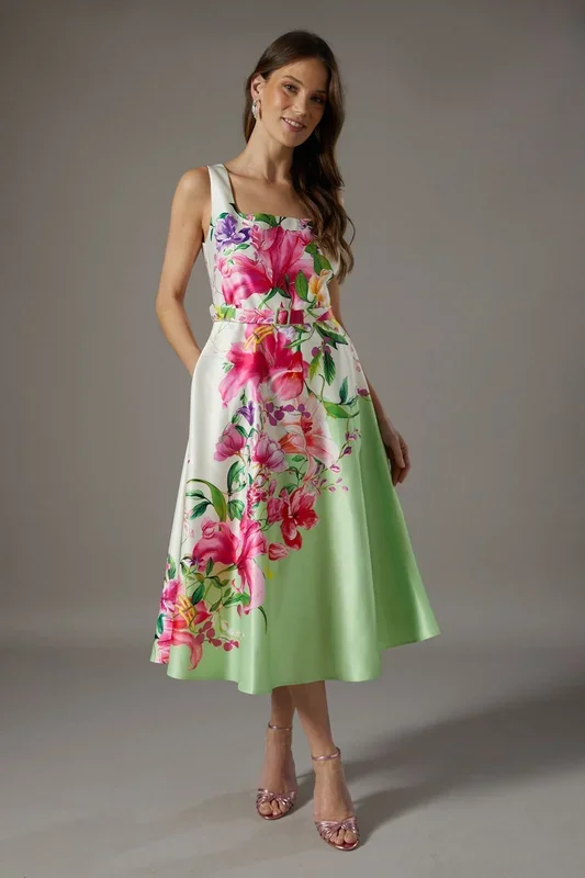 Belted Square Neck Placement Print Midi Dress
