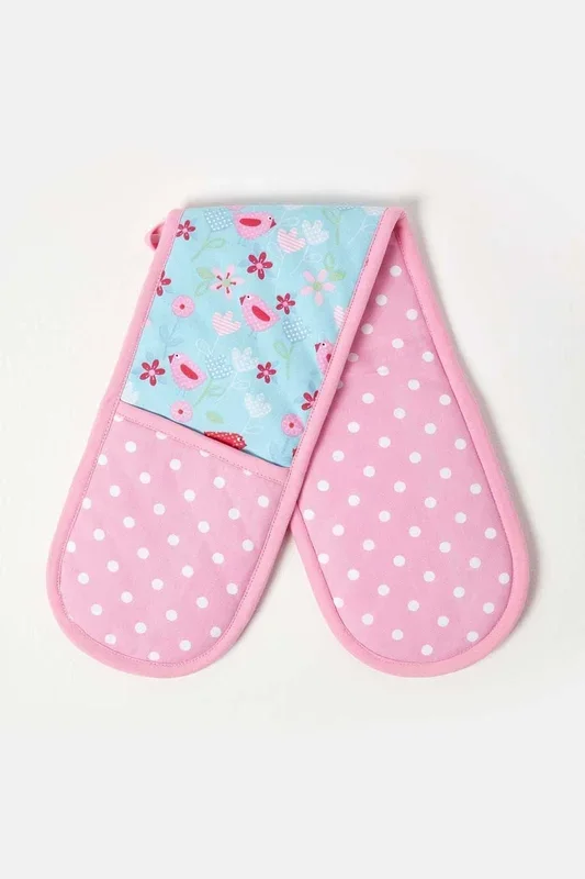 Birds and Flowers Pink Cotton Double Oven Glove