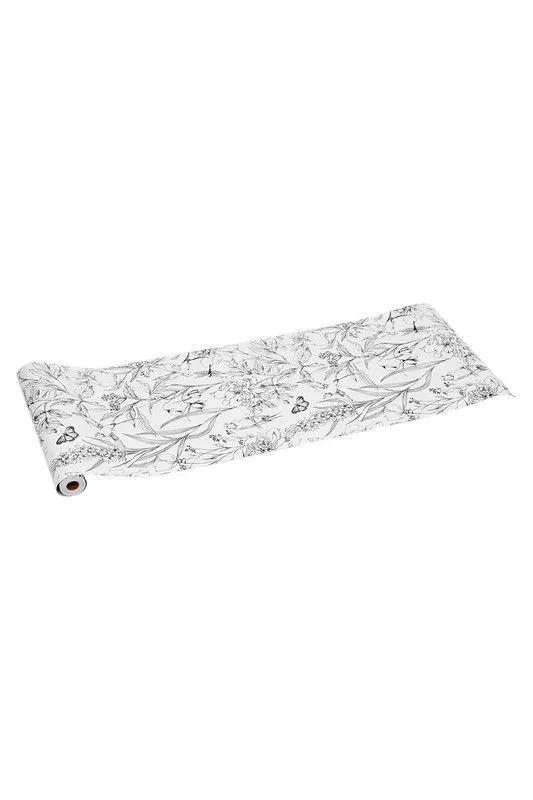 Black & White Botanical Wallpaper with Peony, Birds & Insects Line Art Design
