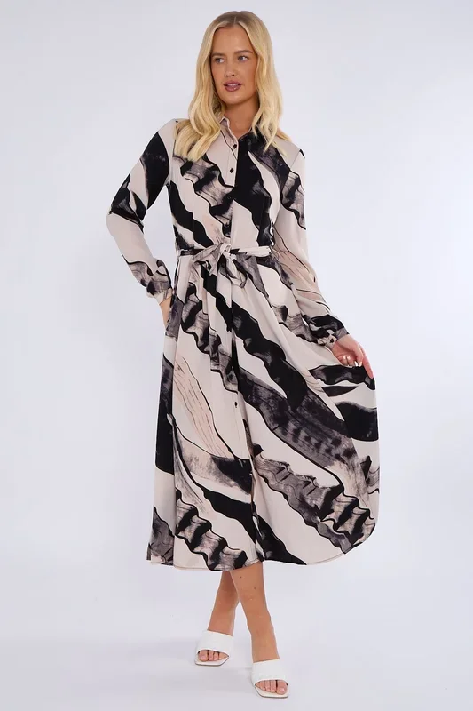 Black and Beige Abstract Print Midaxi Shirt Dress