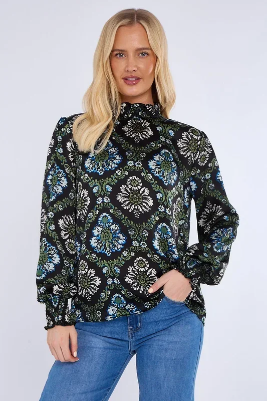 Black Baroque Floral Print Shirred Waist Blouse