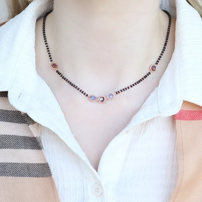 Black Bead 18ct Gold Plated Blue Stone Slim Mangalsutra Necklace