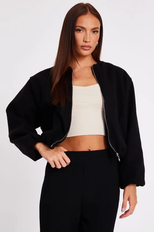 Black Bubble Hem Bomber Jacket