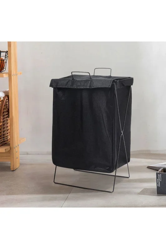 Black Collapsible Fabric Laundry Basket Clothes Hamper With Lid And Handle