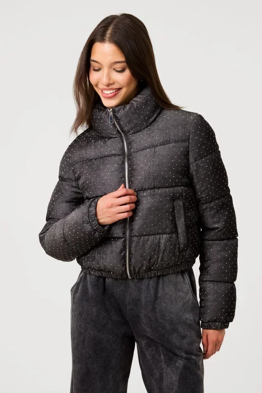 Black Diamante Cropped Puffer
