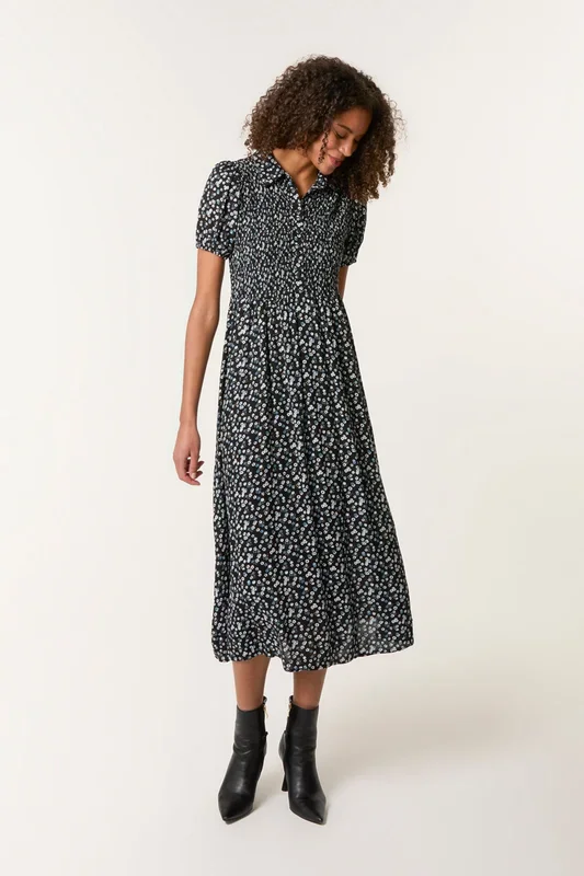 Black Ditsy Floral Puff Sleeve Shirred Dress