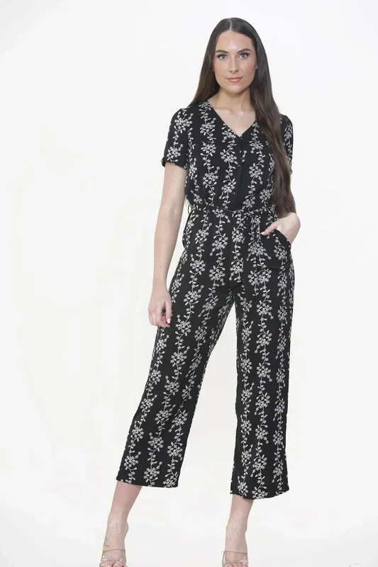 Black Floral Printed Short Sleeve Belted Jumpsuit