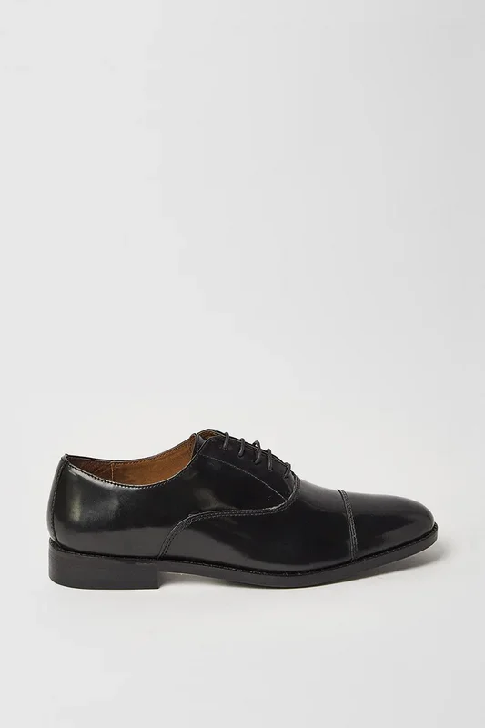 Black High Shine Leather Smart Toe Cap Shoes