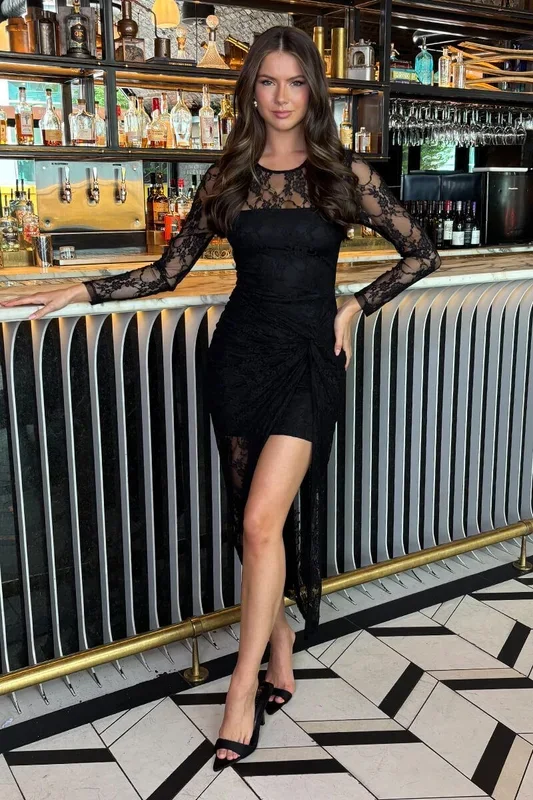 Black Lace Overlay Long Sleeve Knot Skirt Midi Dress