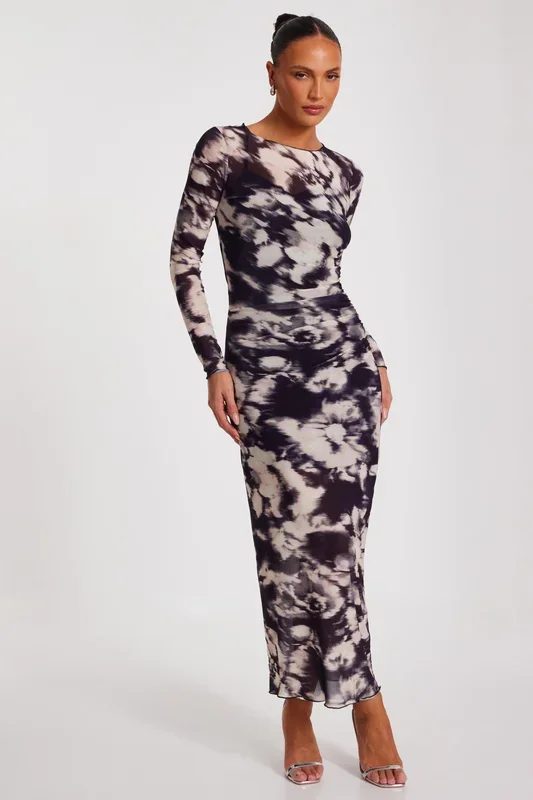 Black Marble Print Midaxi Dress
