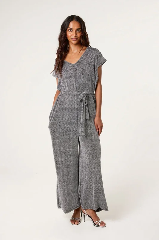 Black Metallic V Neck Jumpsuit