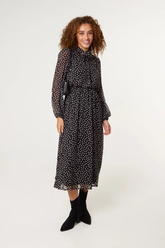 Black Polka Dot Tie Neck Midi Dress