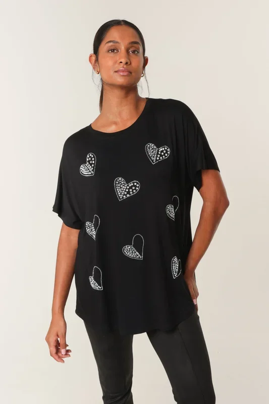 Black Round Neck Diamante Heart Detailing T-Shirt