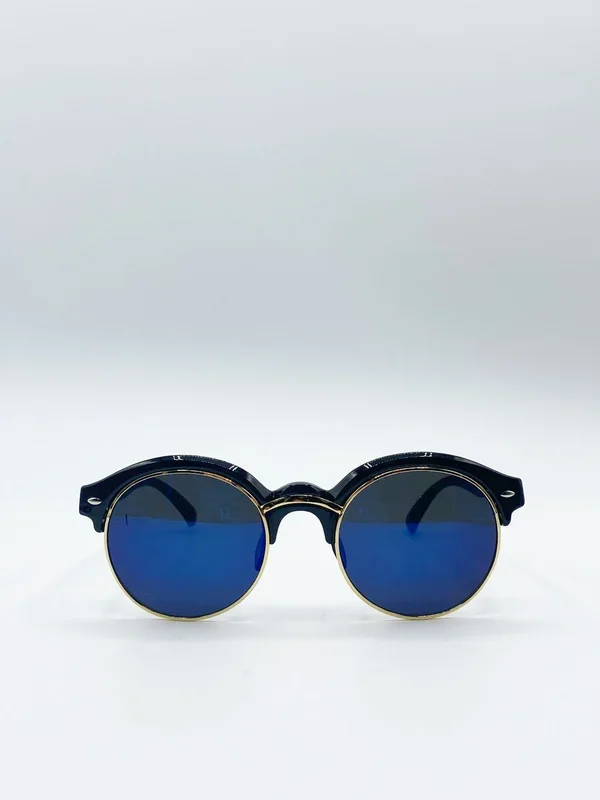 Black Round Sunglasses With Blue Lenses And Gold Detail
