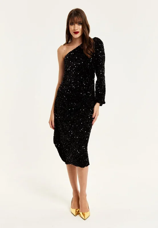 Black Sequin Velvet One Shoulder Midi Dress