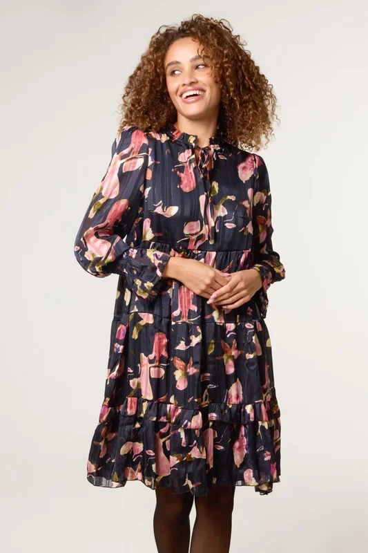 Black Tie Neck Floral Chiffon Smock Dress