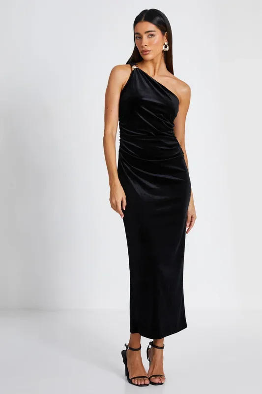 Black Velvet One Shoulder Midaxi Dress