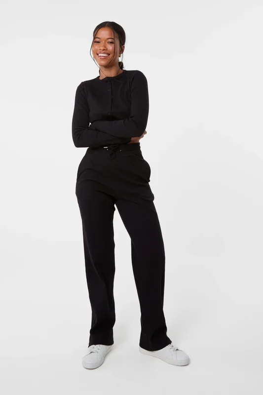 Black Wide Leg Ribbed Trousers