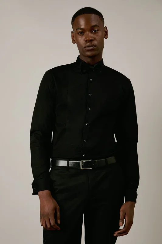 Black Wing Collar Bib Front Slim Fit Long Sleeve Dress Shirt