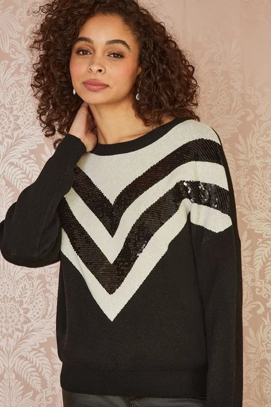 Black Zig Zag Knitted Relaxed Jumper With Sequins