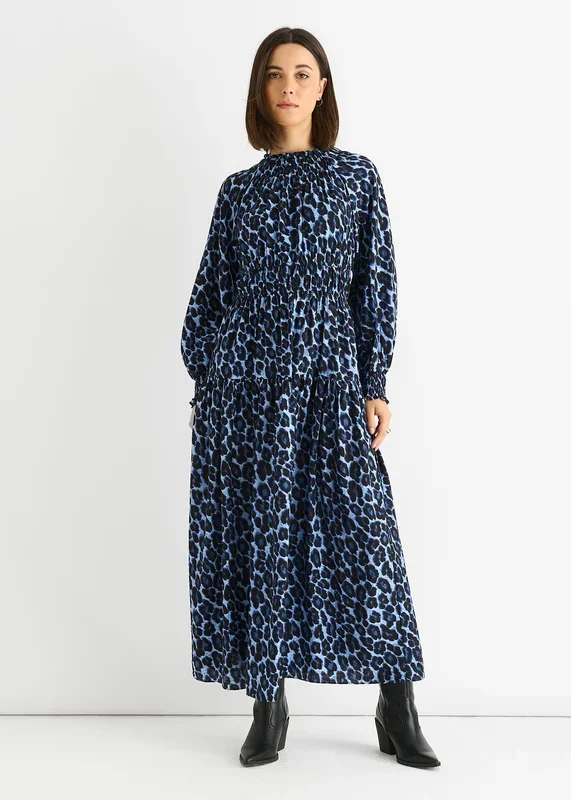Blue Animal Print Shirred High Neck Maxi Dress