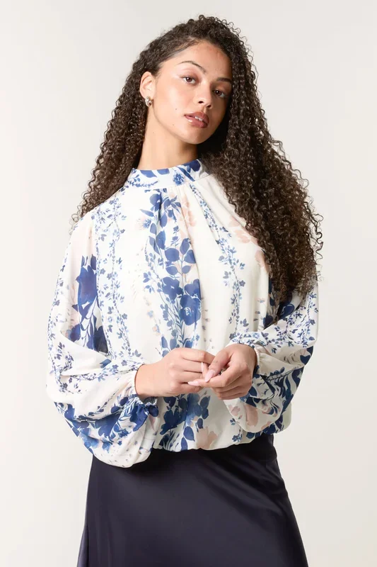 Blue Floral High Neck Puff Ball Blouse