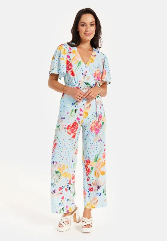 Blue Floral Print Jumpsuit With Wide Legs