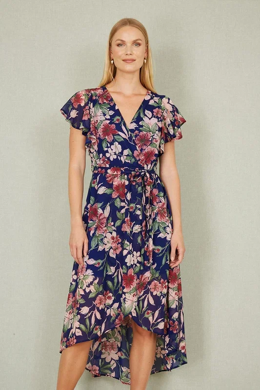 Blue Floral Wrap Midi Dress With Frill Hem