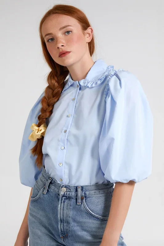 Blue Puff Sleeve Frill Collar Shirt