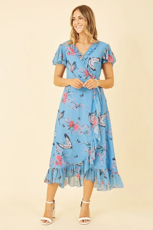 Blue Satin Crane Print Wrap Dress