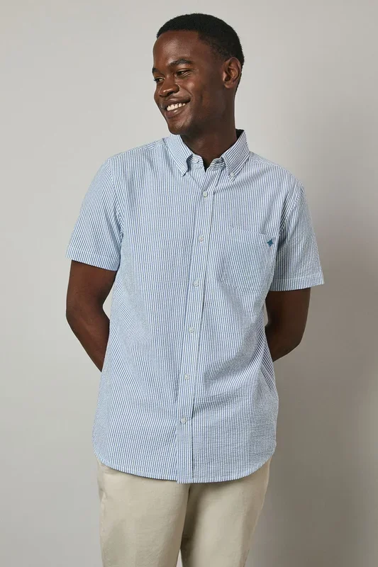Blue Seersucker Stripe Short Sleeve Shirt