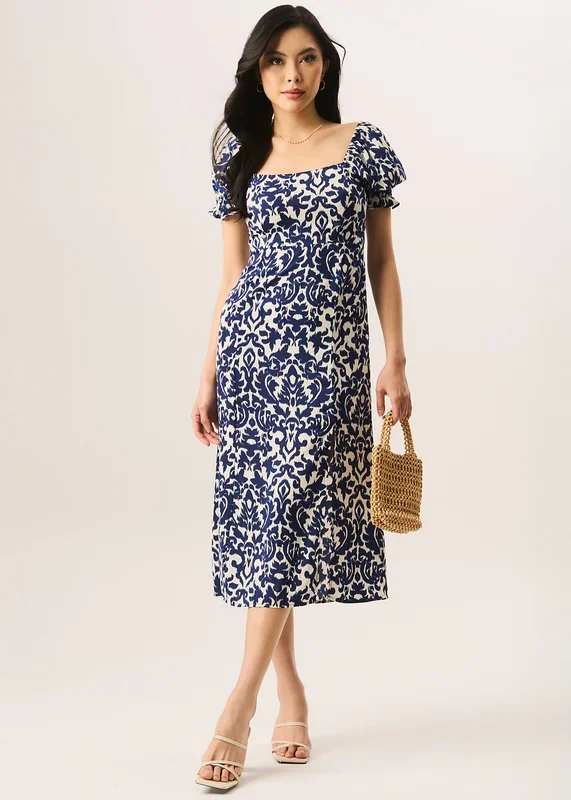 Blue Short Puff Sleeve Split Hem Midi Dress