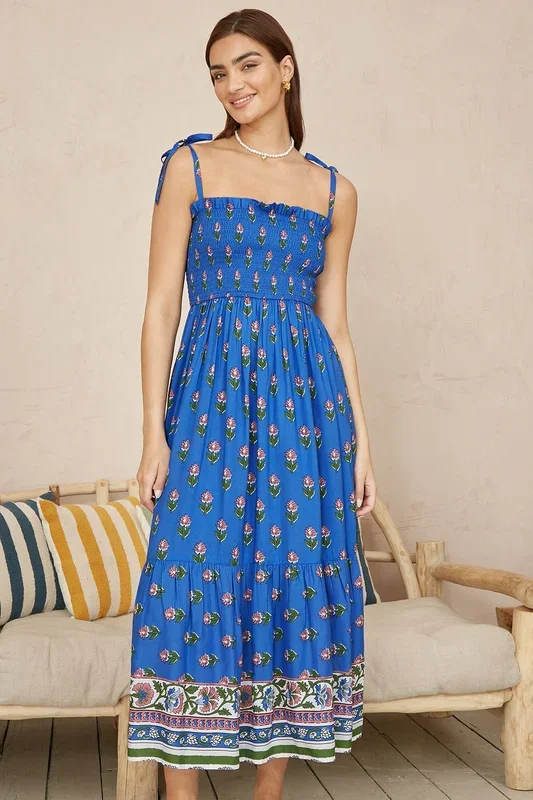 Blue Strappy Paisley Print Midi Dress With Ruched Bodice