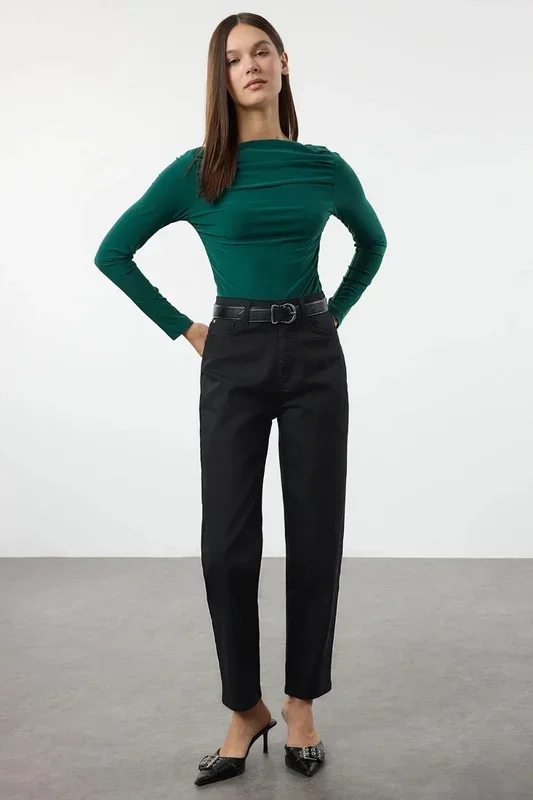 Boat Neck Draped Long Sleeve Fitted Top