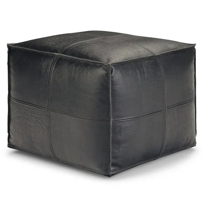Bowen Square Pouf In Black Genuine Leather