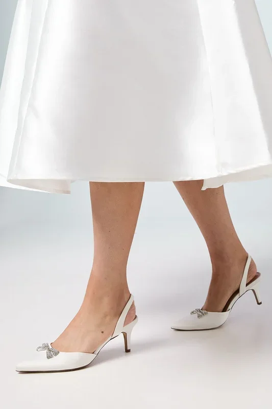 Bridal Sammi Satin Diamante Bow Brooch Slingback Kitten Heel Court Shoes