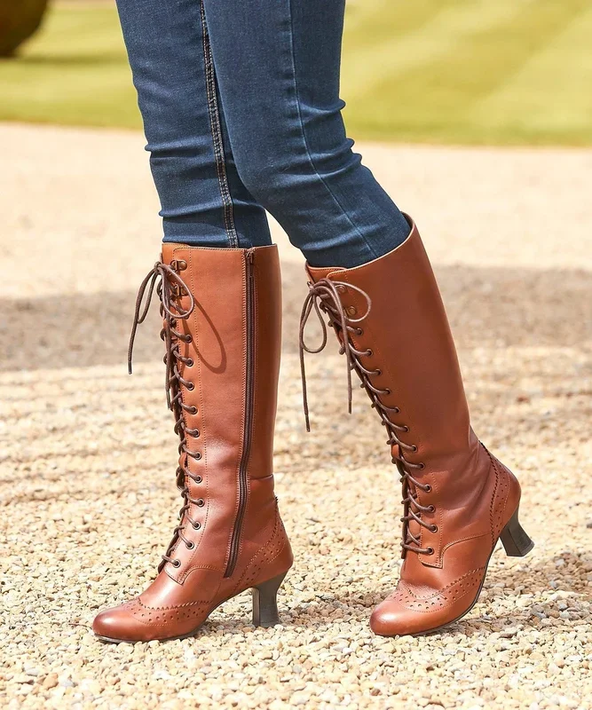 Brogue Detail Leather Lace Up Long Knee High Boots