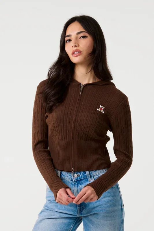 Brown Cable Knit Bear Hoodie