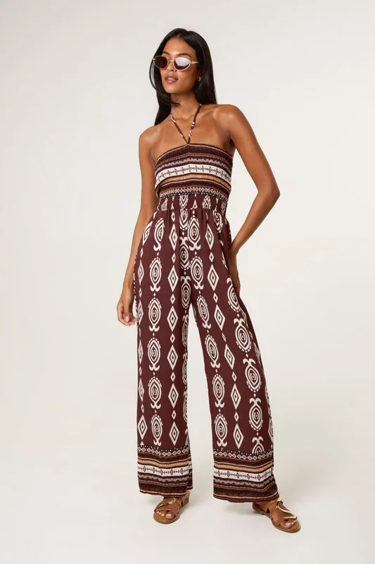 Brown Ethnic Print Strapless Elasticated Jumpsuit