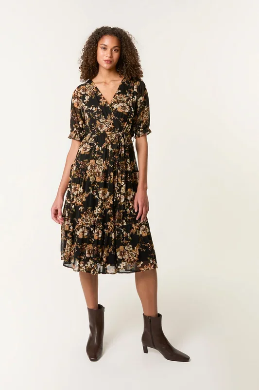 Brown Floral Mesh Wrap Front Tiered Midi Dress