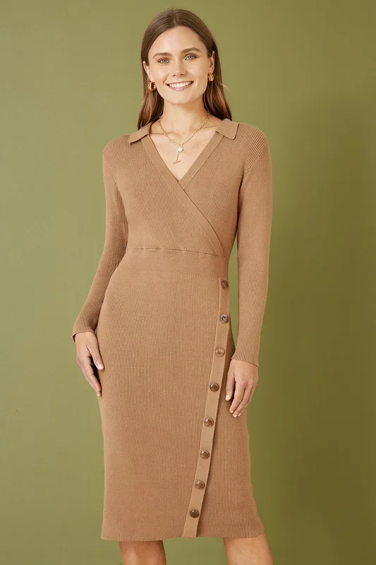 Brown Knitted Midi Dress With Asymmetric Button Details